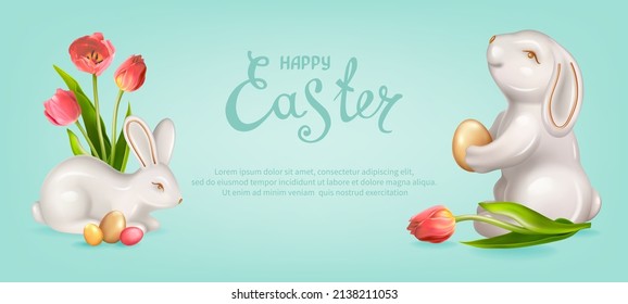 Holiday vector illustration with cute ceramic Easter Bunnies, colored eggs and spring tulip flowers. Inscription Happy Easter on a light blue-turquoise background