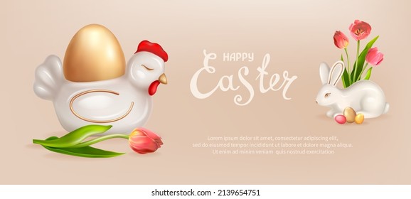 Holiday vector illustration with cute ceramic Easter Bunny and Chicken, painted golden Easter eggs, spring tulip flowers. Horizontal banner with inscription Happy Easter on a light beige background 