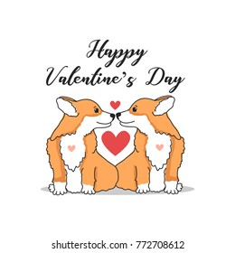 Holiday vector illustration with cute couple corgi. Happy Valentine's Day. Puppy Love. 