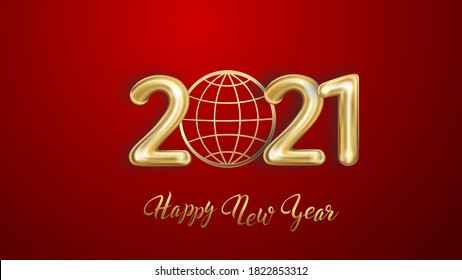 Holiday vector illustration of gold metal numbers 2021on a festive dark red background with outer shadow with a globe instead of the number zero. Party decoration, anniversary sign for holidays, celeb