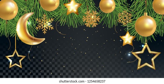 Holiday vector illustration. Green branches of pine, snowflakes, golden xmas balls, stars, confetti particles on transparent background. Copy text space.