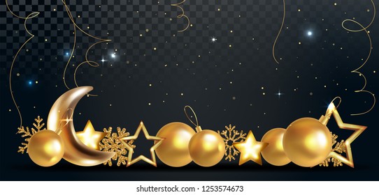 Holiday vector illustration. Greeting card, banner design. Festive decoration with snowflakes, golden xmas balls, stars, confetti particles on transparent background. Copy text space.