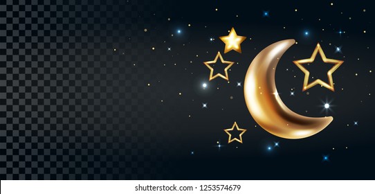 Holiday vector illustration. Greeting card, banner design. Festive decoration with crescent golden moon, stars, shining particles on transparent background. Copy text space.