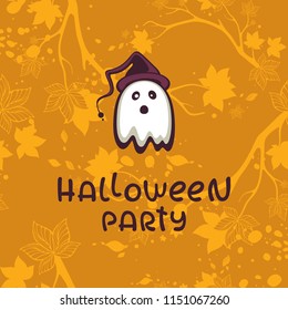 Holiday vector illustration with "Halloween party" lettering. Funny ghost with witch hat on seamless background with autumn branches. Design for halloween party, posters, menu or invitation.