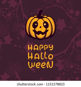 Holiday vector illustration with "Happy Halloween" lettering. Funny pumpkin on violet background with autumn branches. Design for halloween party, posters, menu or invitation.