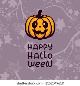 Holiday vector illustration with "Happy Halloween" lettering. Funny pumpkin on lilac background with autumn branches. Design for halloween party, posters, menu or invitation.