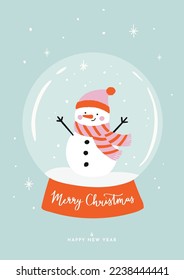 Holiday Vector Illustration With Happy Snowman Inside Of A Snow Globe. Handwritten ”Merry Christmas” Wishes. Perfect For Holiday Poster Or Greeting Card. Isolated Elements.