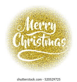 Holiday vector illustration. Lettering composition. Merry Christmas. Golden sparkles texture. Gold lettering design with confetti pattern.