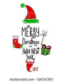Holiday Vector Illustration With Lettering Composition Merry Christmas and Happy New Year 2017. Wallpaper with original calligraphic hand drawing font, xmas boot, beard, gift box, magic wand.