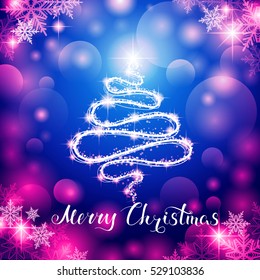 Holiday vector illustration with lettering Merry Christmas, bright shiny stylized christmas tree, glow tree with sparkles, EPS 10