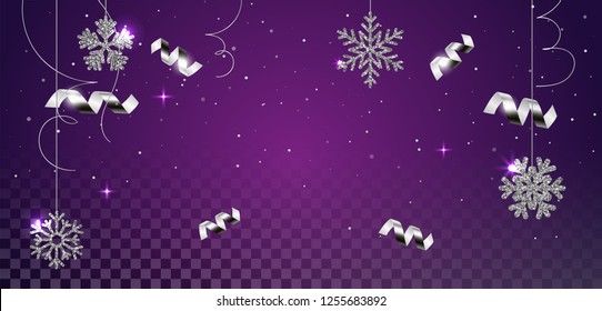 Holiday vector illustration. Party invitation design. Festive decoration with snowflakes, golden light strings, confetti particles, streamers on transparent violet background.