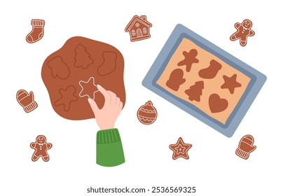 Festiva Ilustración vectorial del proceso de elaboración de galletas de jengibre. Incluye cortadores de galletas, masa, bandeja para hornear y decoraciones de glaseado en un estilo navideño simple. Perfecto para proyectos de Navidades.