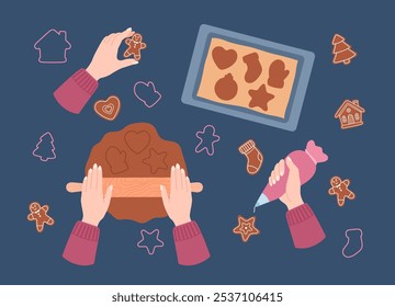 Holiday vector illustration of the process of making gingerbread cookies. Includes cookie cutters, dough, baking sheet and icing decorations in a simple holiday style. Perfect for Christmas projects.