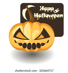 Holiday Vector Illustration Pumpkin. Happy halloween card with pumpkin. Pumpkin with an evil expression on his face Jack Lantern. bitten letters of the inscription happy Halloween