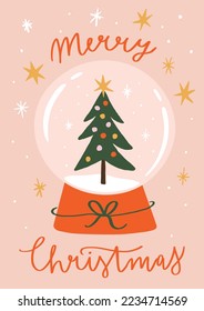 Holiday Vector Illustration Of A Snow Globe With Christmas Tree Inside. Handwritten ”Merry Christmas” Wishes. Perfect For Holiday Poster, Greeting Card Or T-Shirt Print. Isolated Elements.