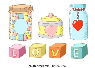 Holiday vector illustration for Valentine's Day and birthday, the word love on the cubes, can be used on postcards