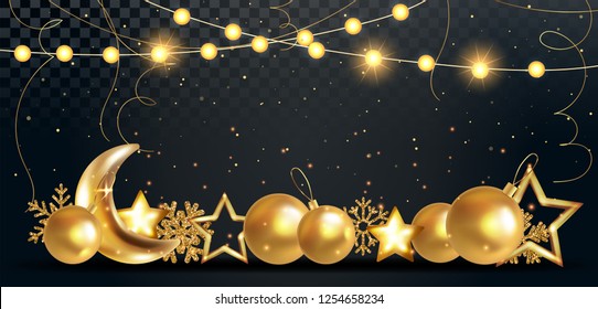 Holiday vector illustration. Xmas sparkling lights garland. Festive decoration with snowflakes, golden xmas balls, stars, confetti particles on transparent background. Copy text space.
