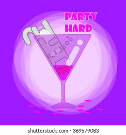 Holiday vector image with the cat sleeping in the glass. Violet background. Party hard.