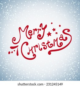 Holiday Vector Lettering, Merry Christmas typography, background with white snowflakes. handwriting