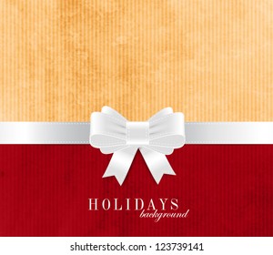 Holiday vector old vintage paper background with white silky ribbon and bow knot