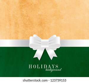 Holiday vector old vintage paper background with white silky ribbon and bow knot