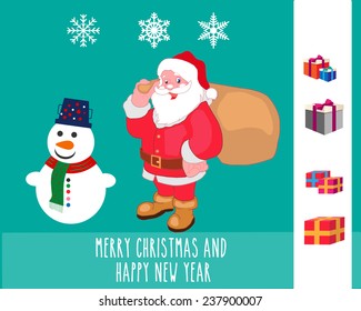 Holiday vector pack of Santa Claus, snowman, snow flake and gift boxes.