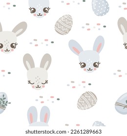 Holiday vector pattern for Easter. Cute bunny faces and Easter eggs. Holiday pattern 