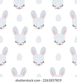Holiday vector pattern for Easter. Cute bunny faces and Easter eggs. Holiday pattern 