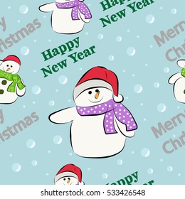 Holiday vector pattern with snowman and snowflakes behind