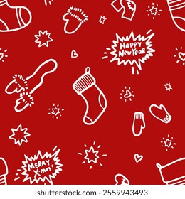 Holiday vector pattern with white hand drawn winter accessories, speech bubbles and festive details on a red background