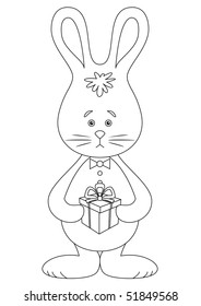 holiday vector: rabbit holds a box with a gift in paws, black and white