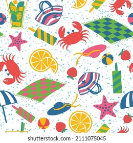 Holiday vector seamless pattern. Cute cartoon beach accessories: sunglasses, beach bag, starfish, sun cream, swimwear and flip flops. Summer vacation.