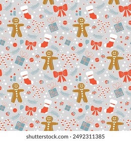 Holiday vector seamless pattern with gingerbread man and christmas elements on gray background