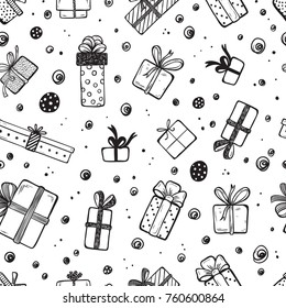 Holiday Vector Seamless Pattern. Hand Drawn Doodle Christmas, New Year or Birthday Gift boxes. Xmas Background. New year Wallpaper