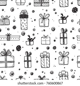 Holiday Vector Seamless Pattern. Hand Drawn Doodle Christmas, New Year or Birthday Gift boxes. Xmas Background. New year Wallpaper