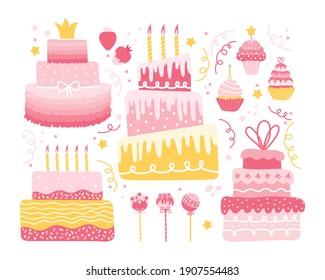 Holiday vector set of different sweet elements for a festive design. Collection of cakes, cupcakes, muffins, strawberries with cream, round lollipops. Birthday, wedding, anniversary, Valentine's day