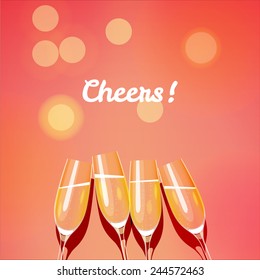 Holiday Vector Template With Group Of Champagne Glasses Making A Toast To The Cheers. Cheers Glasses