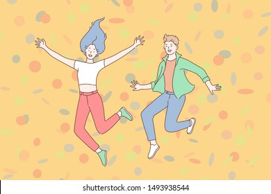 Holiday, victory, party concept. Young guy and girl teens rejoice and dance fun at a party together. Simple flat vector.