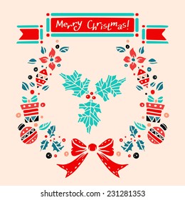 Holiday vintage Christmas card with ribbon, gift box, holly, wreath, frame, ball, flowers, bow. Text merry Christmas 