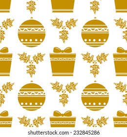 Holiday vintage Christmas seamless  pattern with gift box, ball, holly in white and gold. New Year ornament. Cloth design. Wallpaper