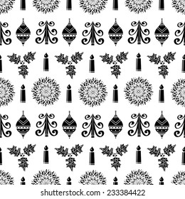 Holiday vintage Christmas seamless pattern with snowflakes, balls, holly, burning candle in black and white. New Year ornament. Cloth design. Wallpaper