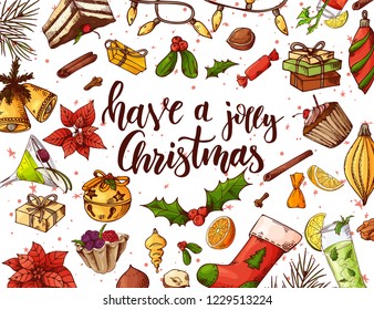 Holiday vintage design for card. Christmas celebration. Poster with lettering and hand drawn elements in sketch style. vector illustration.