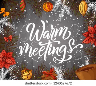 Holiday vintage design for card. Christmas celebration. Poster with lettering and hand drawn elements in sketch style. vector illustration.