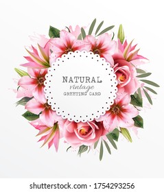 Holiday vintage greeting card with colorful exotic flowers. Vector.