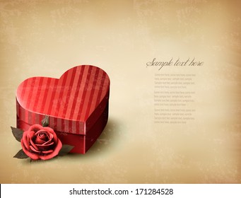 Holiday vintage Valentine`s day background. Red rose with red heart-shaped gift box. Vector illustration. 