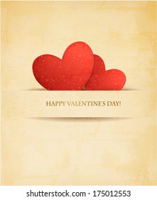 Holiday vintage Valentine`s day background. Two red hearts on old paper. Vector illustration