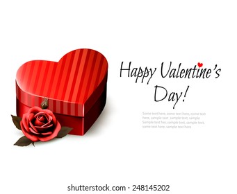 Holiday vintage Valentine`s day background. Red rose with red heart-shaped gift box. Vector