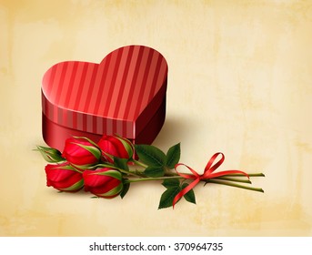 Holiday vintage Valentine`s day background. Red roses with red heart-shaped gift box. Vector illustration. 