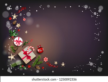 Holiday violet fairy frame with Christmas decorations and balls, stars, gift boxes, fir tree branches on violet background. Christmas festive template.