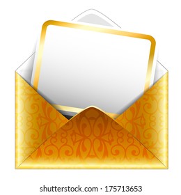 Holiday vip invitation. Vector illustration. Patterned golden paper envelope with a postcard on white background. Isolated.
